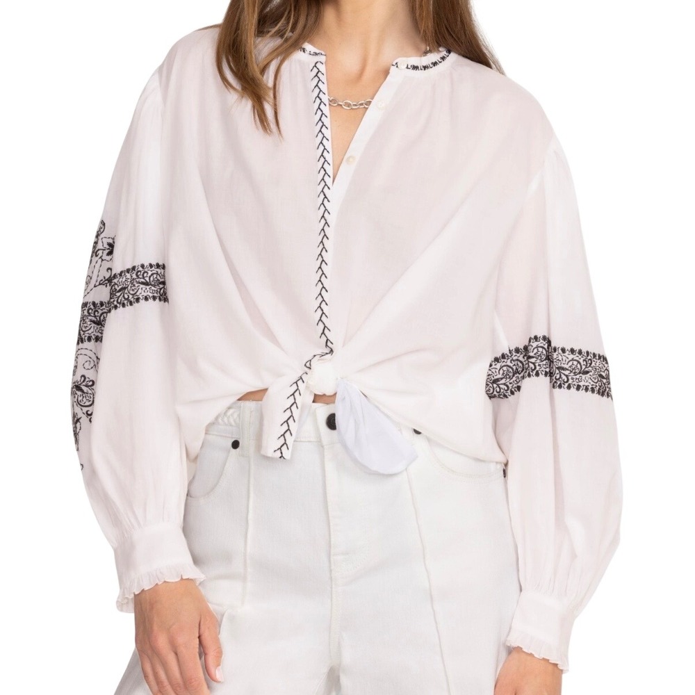 Jade by Johnny Was Kivi Blouse Irenie White Embroidered Cotton Top Large New